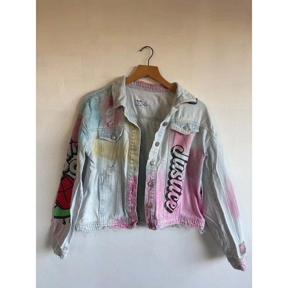 Justice Girls Denim Jacket Bazooka Ring Pop Tie Dye Graphic Distressed L 12/14